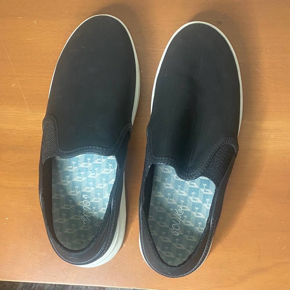 OluKai Women's Black Leather Slip-On Shoes with White Sole